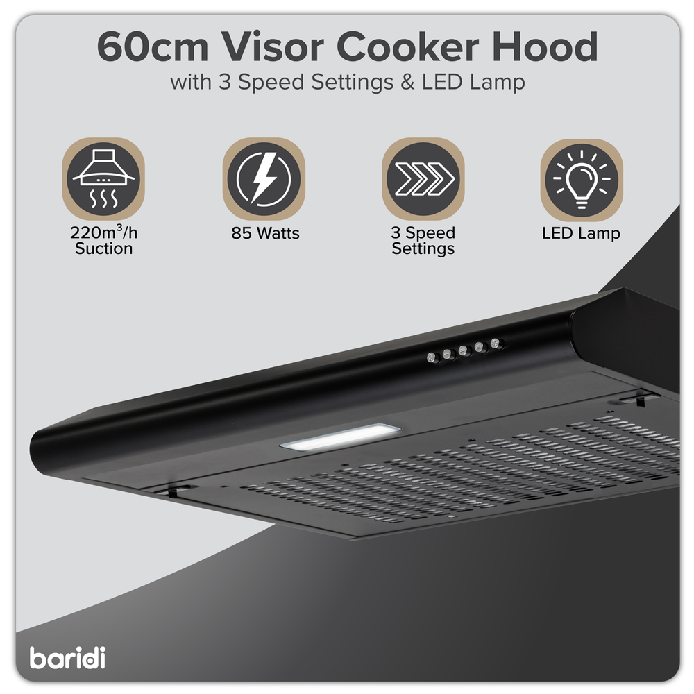 Baridi DH107 Visor Cooker Hood Extractor Fan 60cm - Black - additional view 9