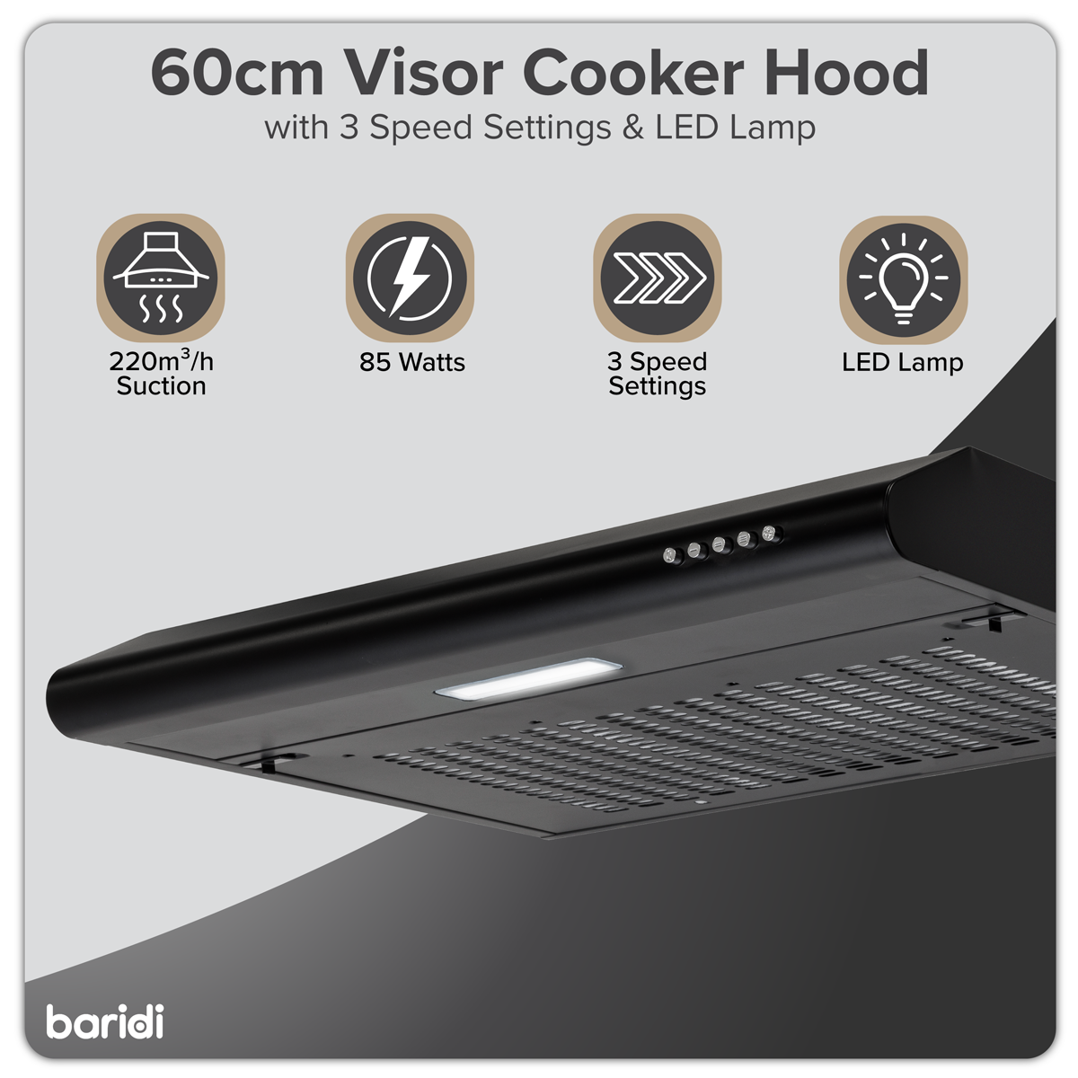 Baridi DH107 Visor Cooker Hood Extractor Fan 60cm - Black - additional view 9