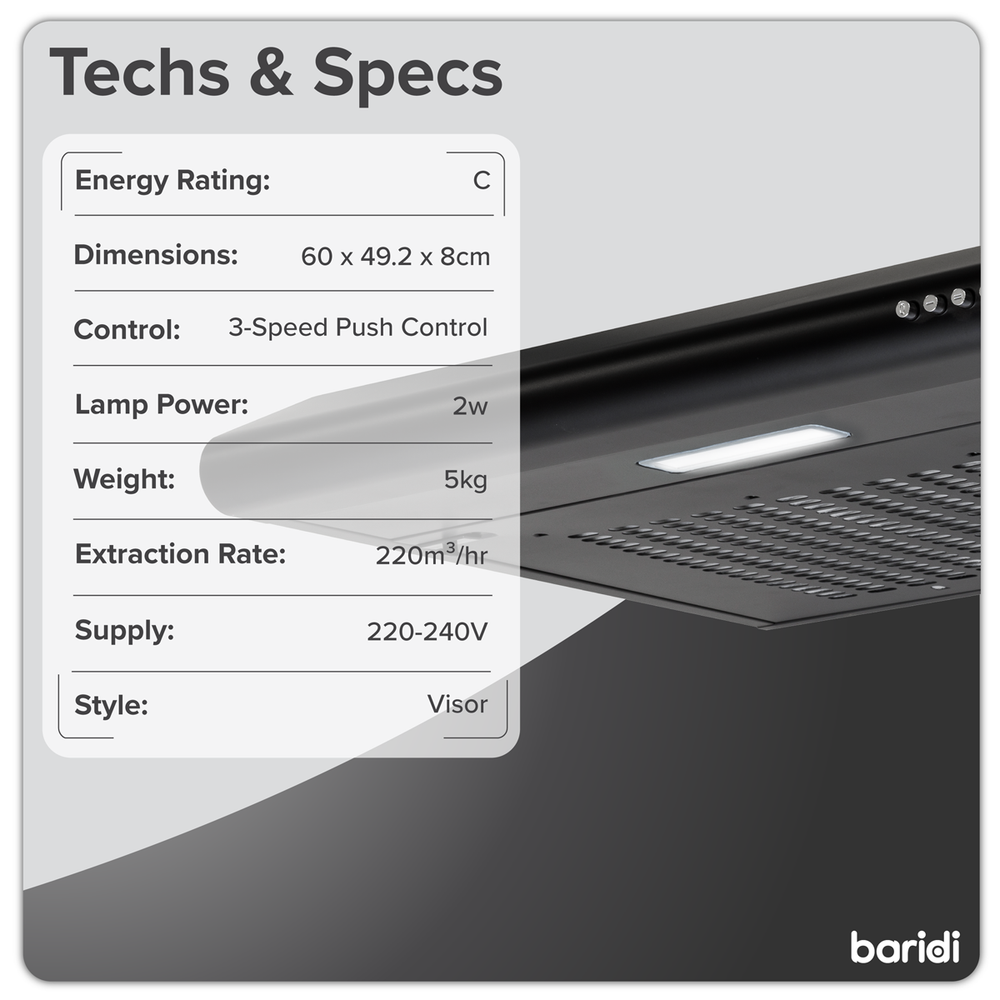 Baridi DH107 Visor Cooker Hood Extractor Fan 60cm - Black - additional view 10