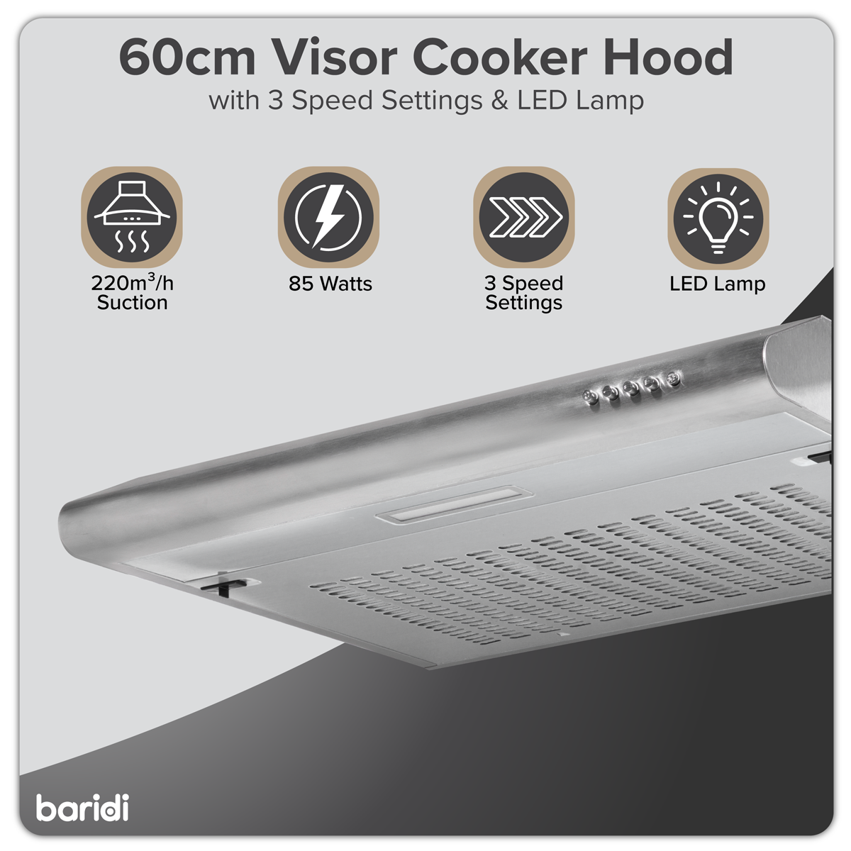 Baridi DH108 Visor Cooker Hood Extractor Fan 60cm - Stainless Steel - additional view 9