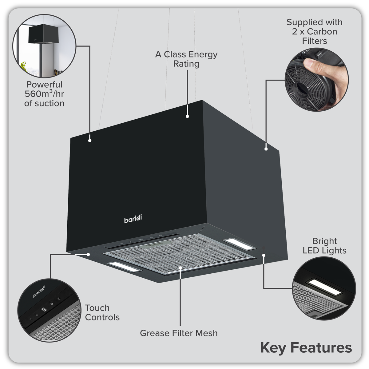 Baridi DH109 Square Island Cooker Hood 40cm - Black - additional view 13