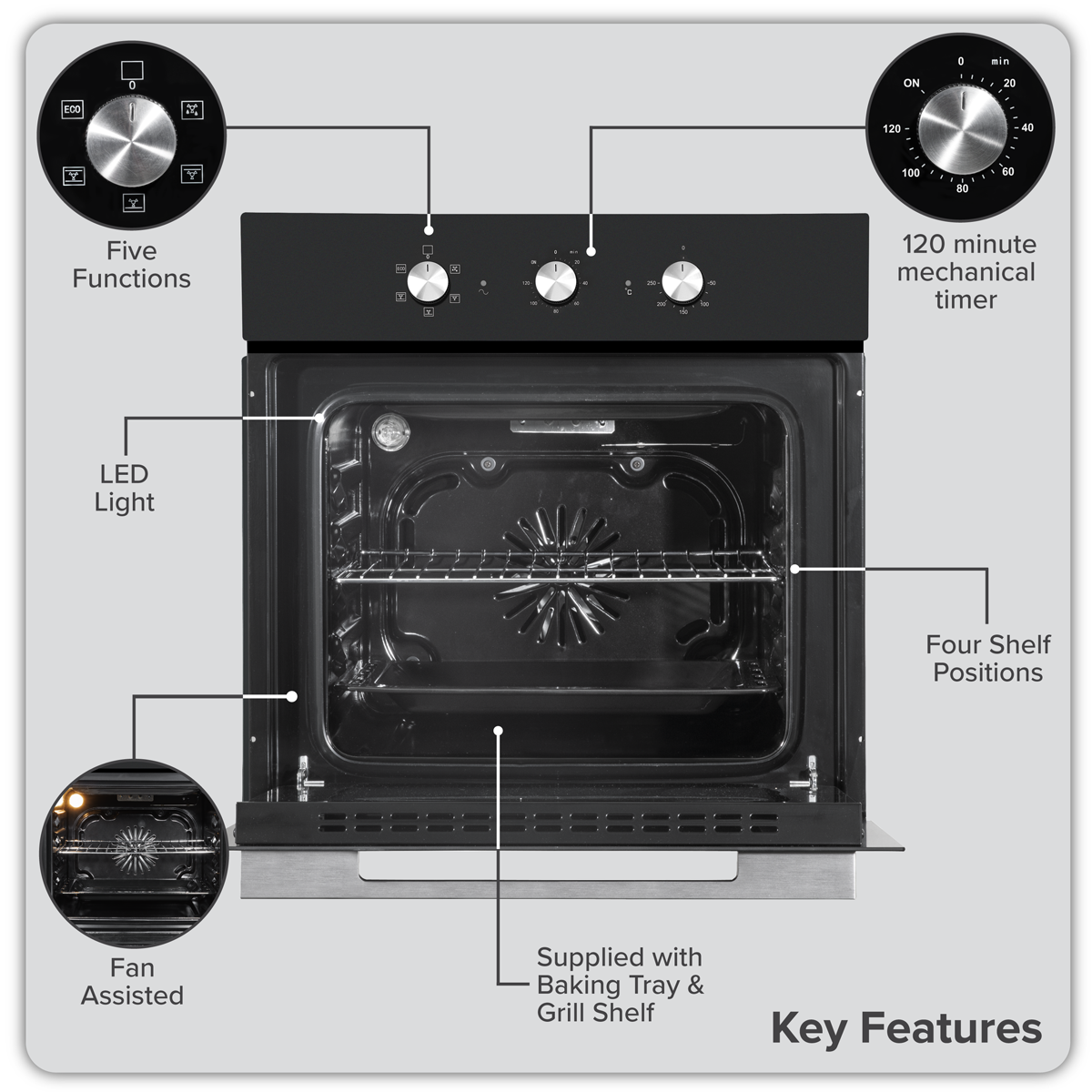 Baridi DH110 Built-In 5-Function Fan Assisted Oven with Timer 60cm, 55L Capacity - Black - additional view 17