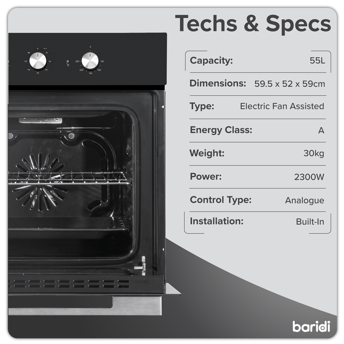 Baridi DH110 Built-In 5-Function Fan Assisted Oven with Timer 60cm, 55L Capacity - Black - additional view 16