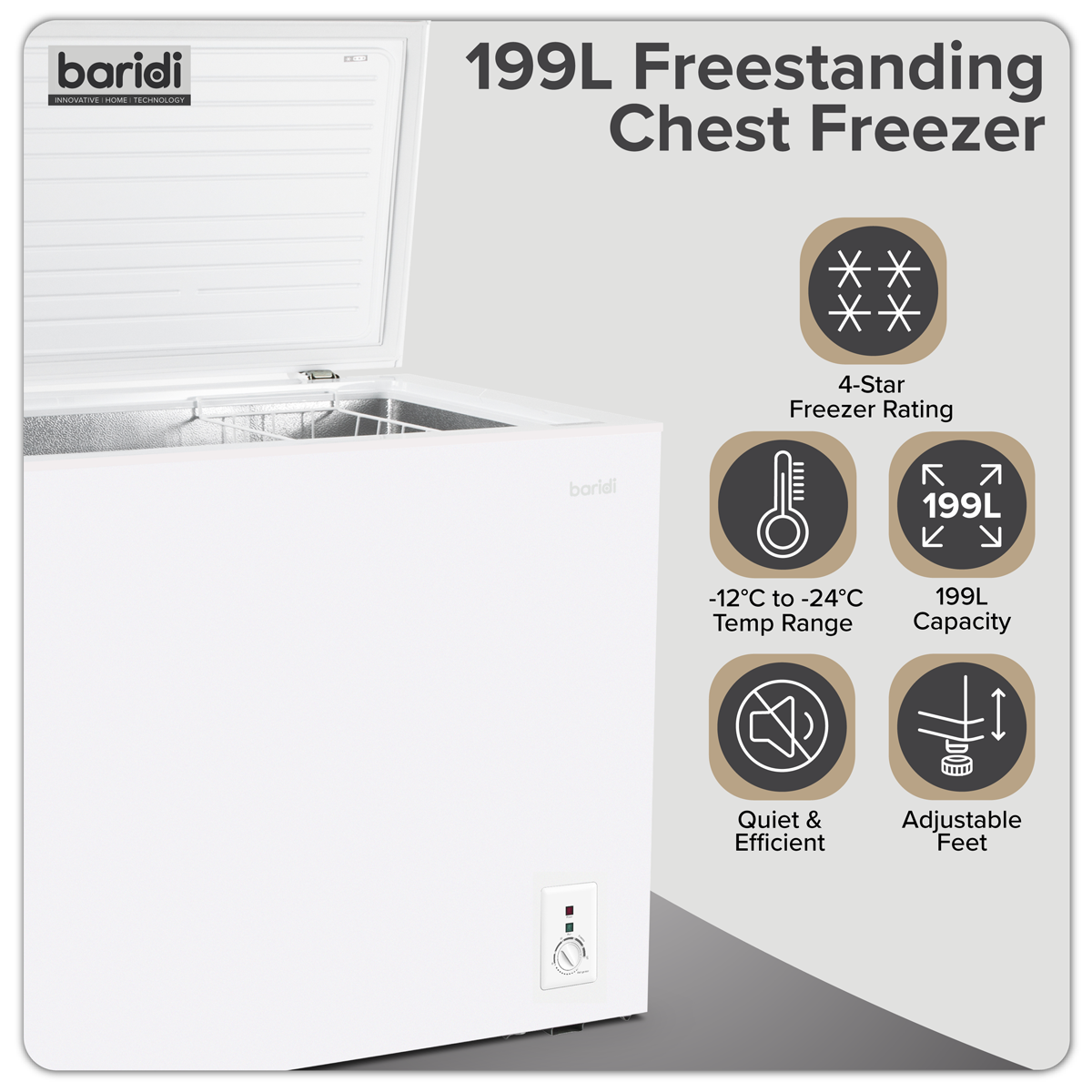 Baridi DH111 Freestanding Chest Freezer 199L Capacity - White - additional view 4