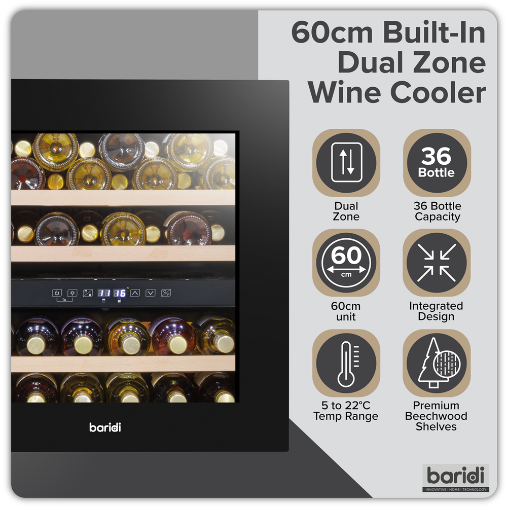 Baridi DH117 36 Bottle Built-In Wine Cooler with Beech Wood Shelves & LED Light - Black - additional view 13