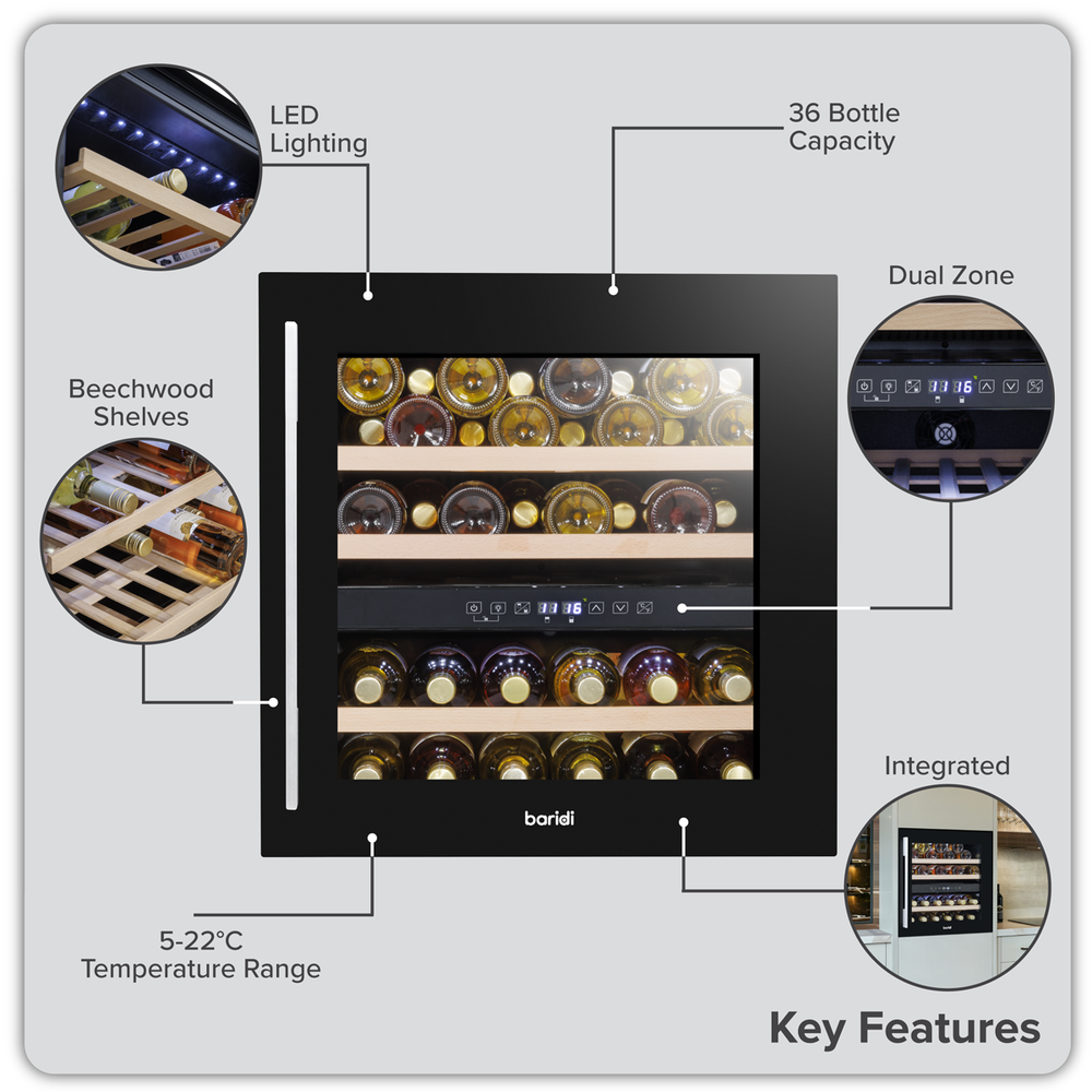 Baridi DH117 36 Bottle Built-In Wine Cooler with Beech Wood Shelves & LED Light - Black - additional view 19
