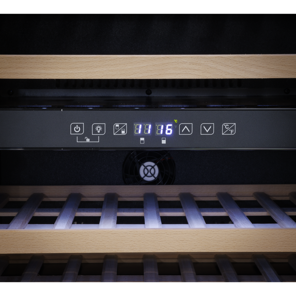 Baridi DH118 57 Bottle Built-In Dual Zone Wine Cooler with Beech Wood Shelves & LED Light - Black - additional view 8