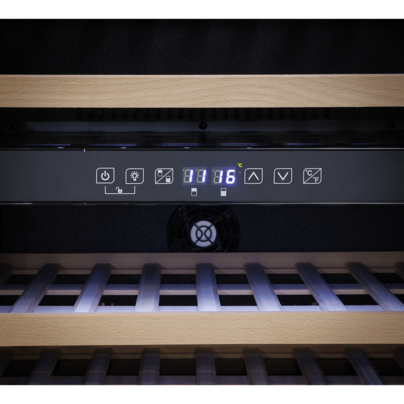 Baridi DH118 57 Bottle Built-In Dual Zone Wine Cooler with Beech Wood Shelves & LED Light - Black - additional view 8