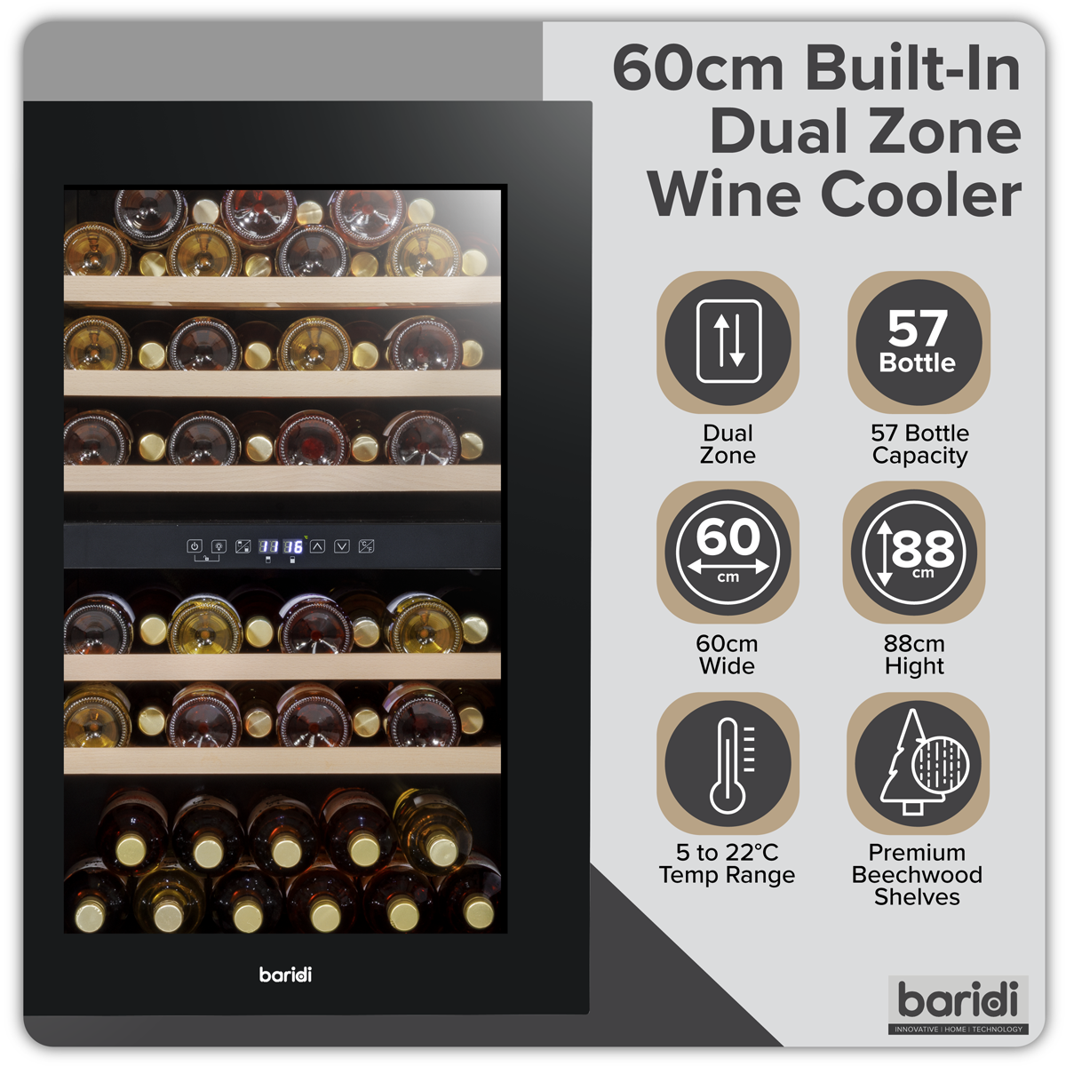 Baridi DH118 57 Bottle Built-In Dual Zone Wine Cooler with Beech Wood Shelves & LED Light - Black - additional view 11