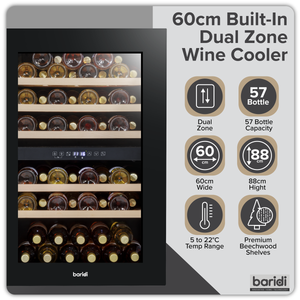 Baridi DH118 57 Bottle Built-In Dual Zone Wine Cooler with Beech Wood Shelves & LED Light - Black - additional view 11