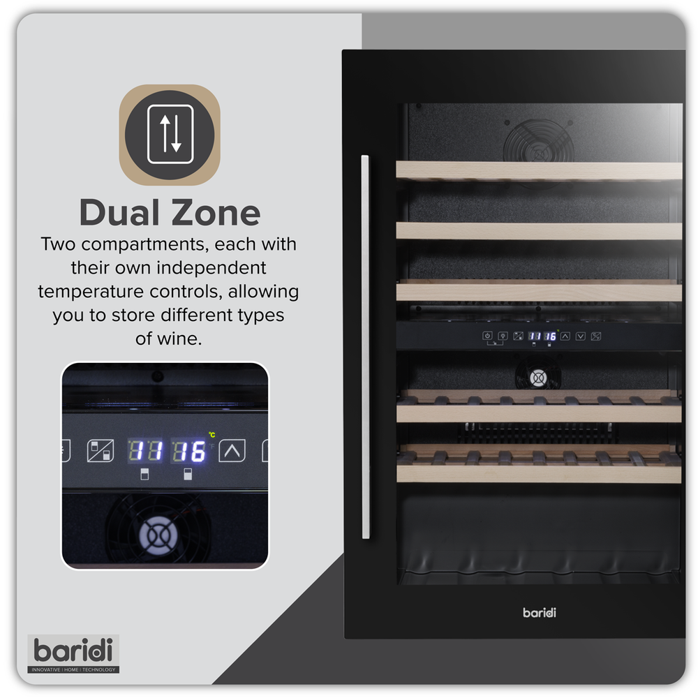 Baridi DH118 57 Bottle Built-In Dual Zone Wine Cooler with Beech Wood Shelves & LED Light - Black - additional view 12