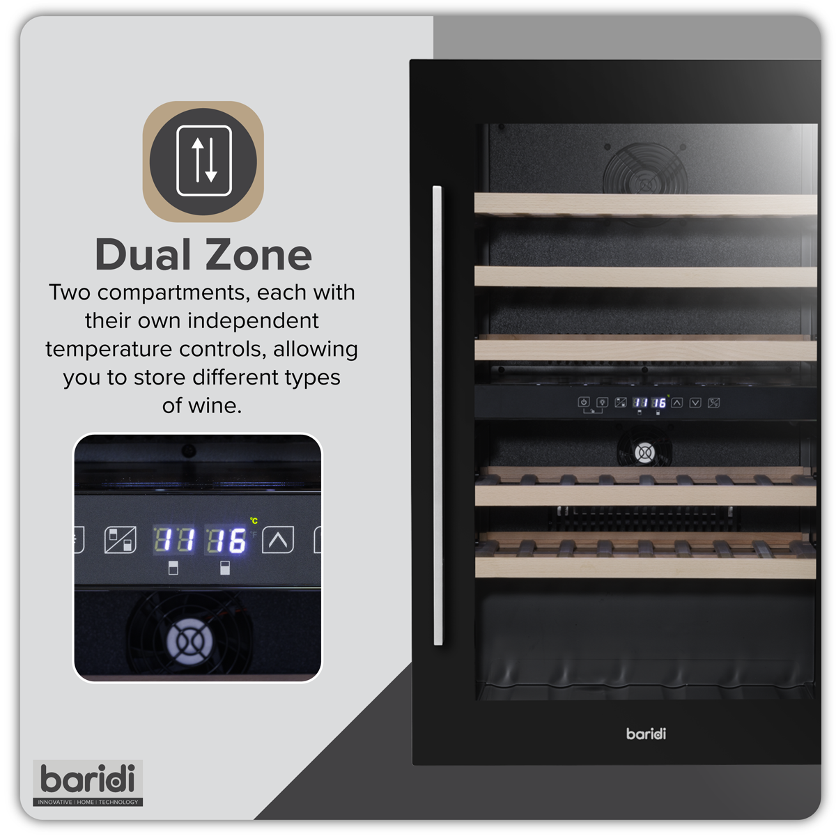 Baridi DH118 57 Bottle Built-In Dual Zone Wine Cooler with Beech Wood Shelves & LED Light - Black - additional view 12