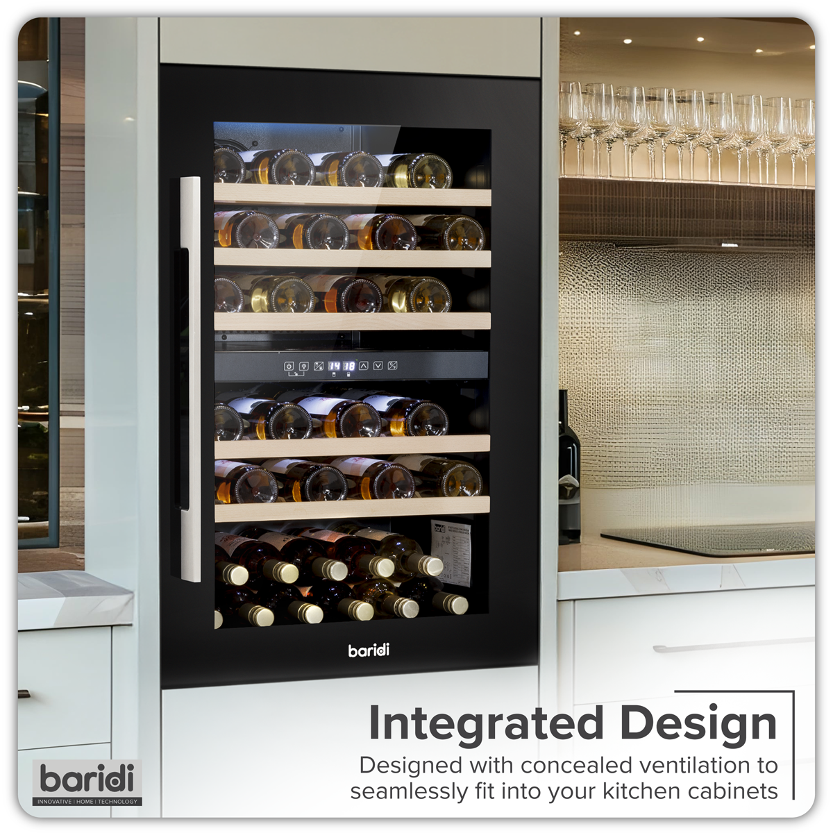 Baridi DH118 57 Bottle Built-In Dual Zone Wine Cooler with Beech Wood Shelves & LED Light - Black - additional view 4