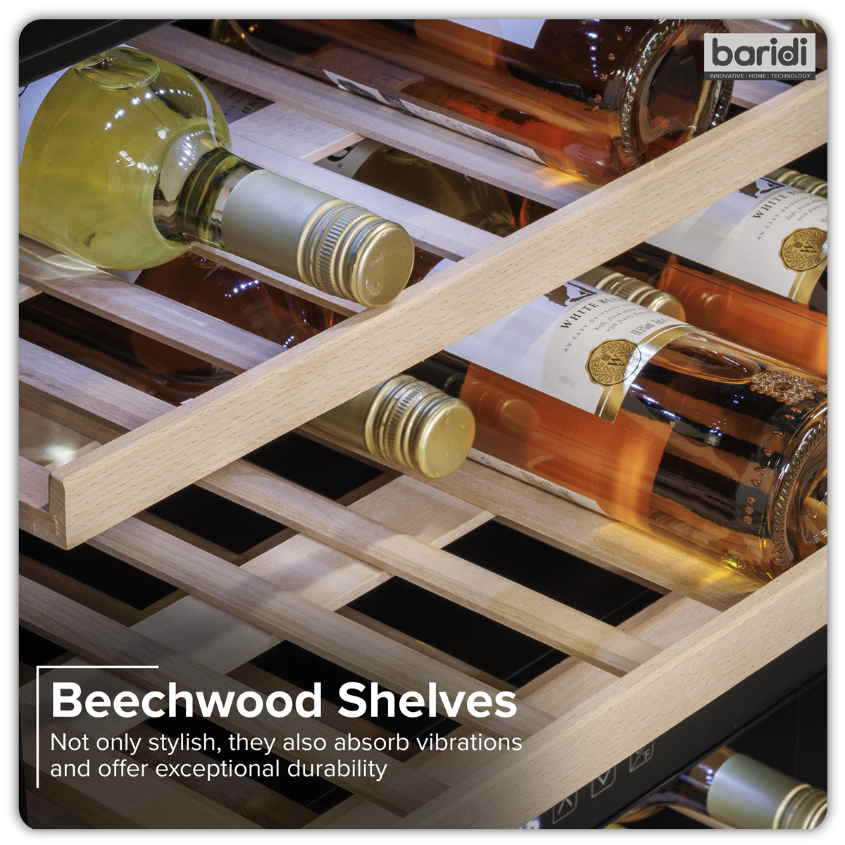 Baridi DH118 57 Bottle Built-In Dual Zone Wine Cooler with Beech Wood Shelves & LED Light - Black - additional view 5