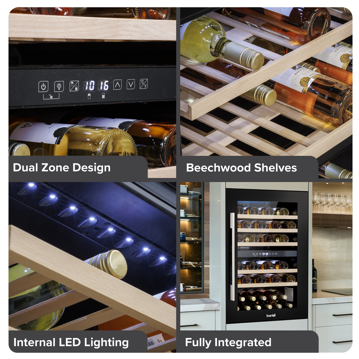 Baridi DH118 57 Bottle Built-In Dual Zone Wine Cooler with Beech Wood Shelves & LED Light - Black - additional view 13