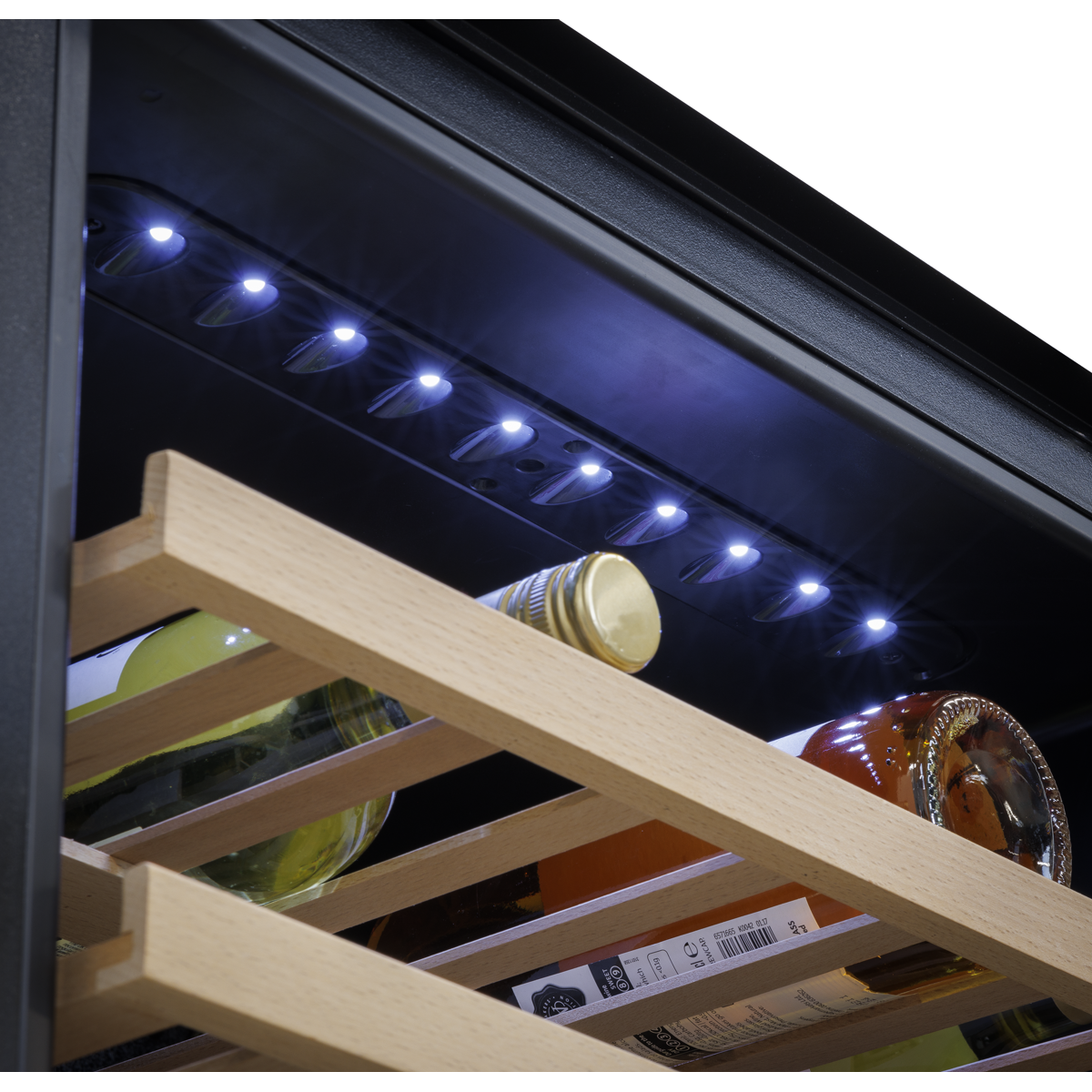 Baridi DH118 57 Bottle Built-In Dual Zone Wine Cooler with Beech Wood Shelves & LED Light - Black - additional view 9