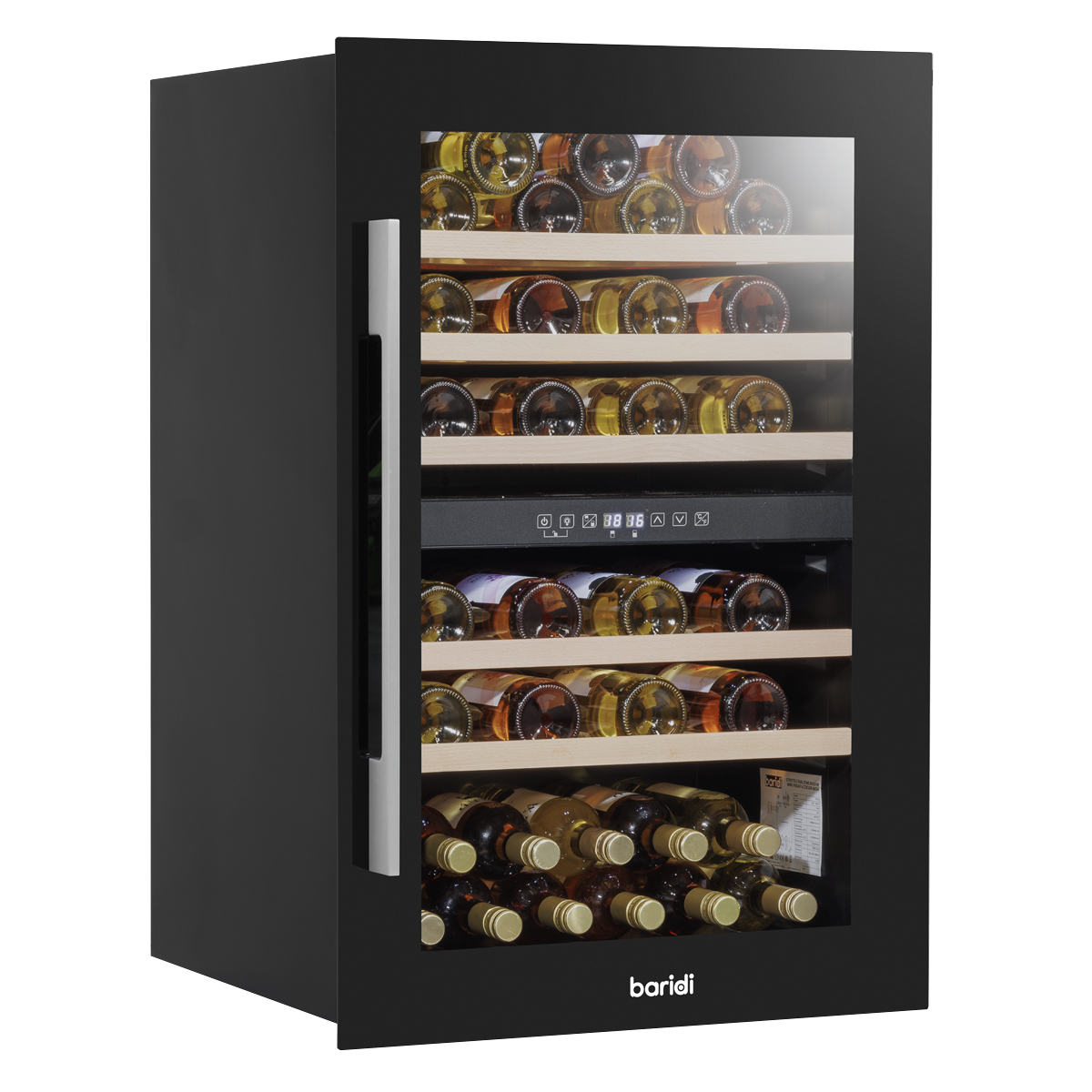 Baridi DH118 57 Bottle Built-In Dual Zone Wine Cooler with Beech Wood Shelves & LED Light - Black
