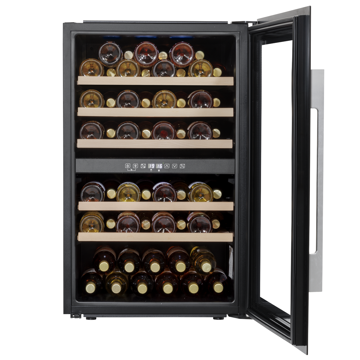 Baridi DH118 57 Bottle Built-In Dual Zone Wine Cooler with Beech Wood Shelves & LED Light - Black - additional view 7