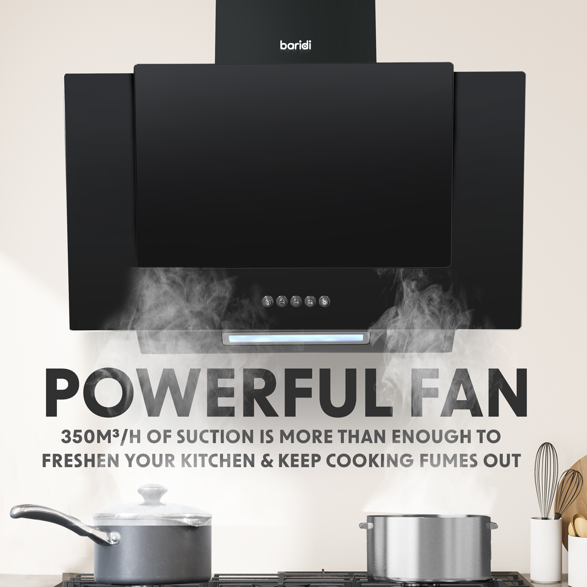 Baridi DH129 Angled Chimney Cooker Hood with Carbon Filters & LED Lamp - Black Glass - additional view 14