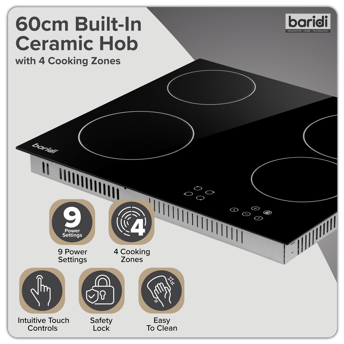 Baridi DH131 Integrated Ceramic Hob with 4 Cooking Zones 60cm - Black Glass - additional view 6