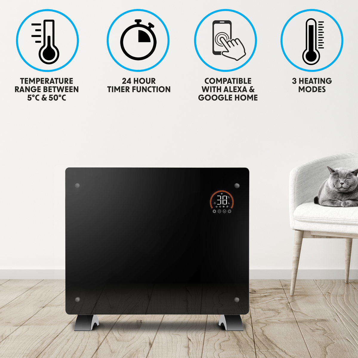 Baridi DH137 Electric Glass Panel Heater, 1500W, Thermostat Controlled 24Hr 7 Day Timer, Wi-Fi Enabled - additional view 6