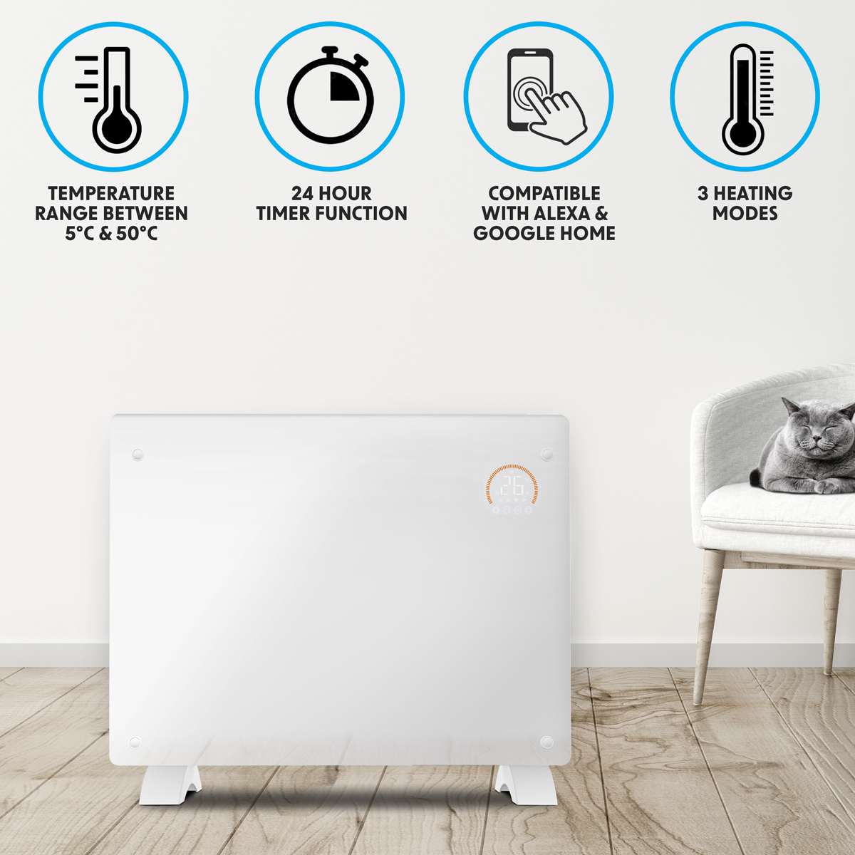 Baridi DH138 Electric Glass Panel Heater, 1500W, Thermostat Controlled 24Hr 7 Day Timer, Wi-Fi Enabled - additional view 6