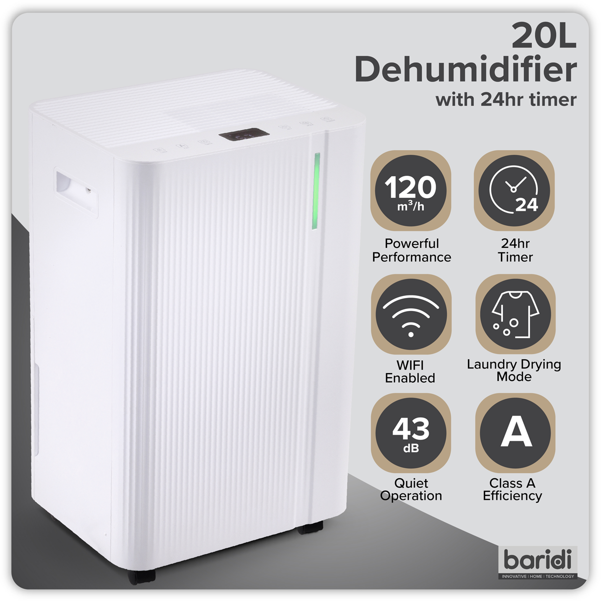 Baridi DH147 Dehumidifier with Digital Display & 24hr Timer 12L - White - additional view 11