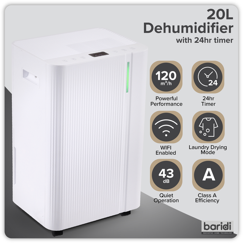 Baridi DH148 Dehumidifier with Digital Display & 24hr Timer 20L - White - additional view 14