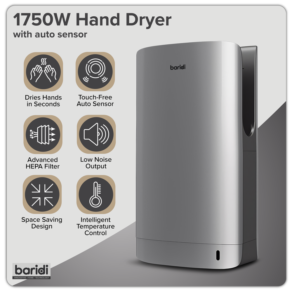 Baridi DH150 Hand Dryer with HEPA Filter & Auto-Sensor 1750W/230V - Silver - additional view 15