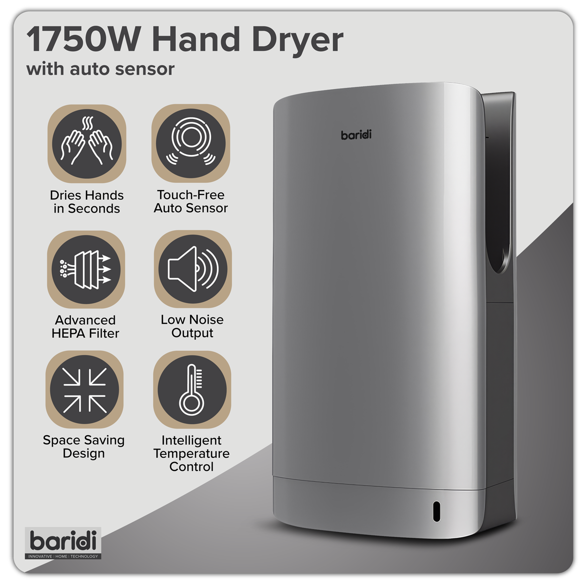 Baridi DH150 Hand Dryer with HEPA Filter & Auto-Sensor 1750W/230V - Silver - additional view 15