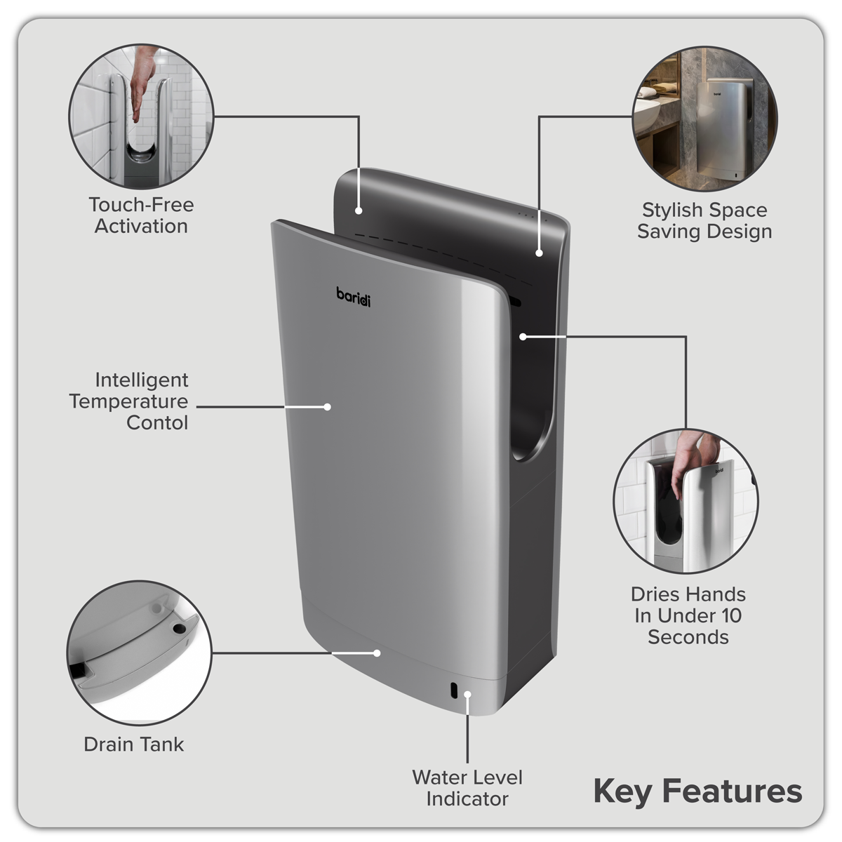 Baridi DH150 Hand Dryer with HEPA Filter & Auto-Sensor 1750W/230V - Silver - additional view 13