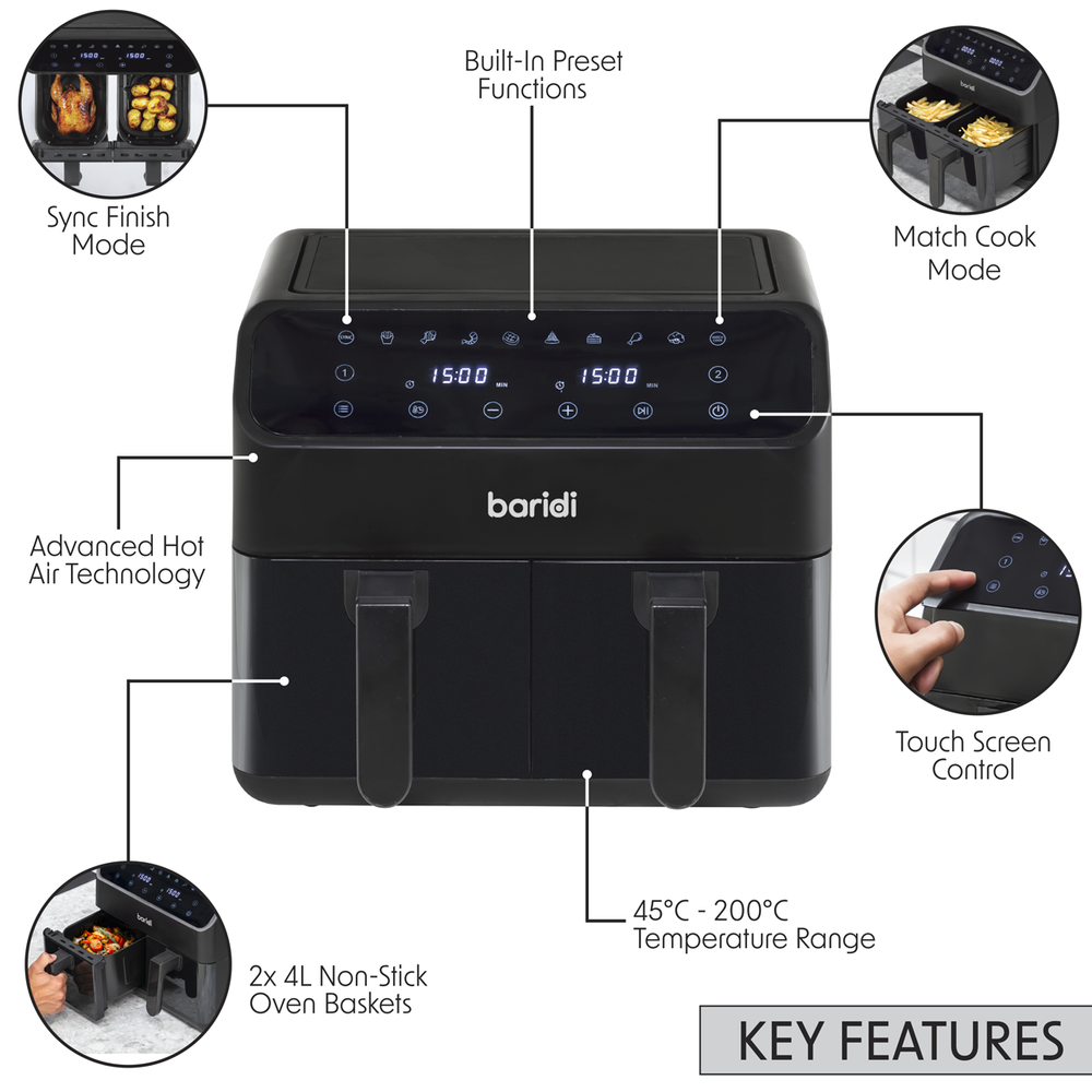 Baridi DH172 Dual Zone Air Fryer 8L with 8-in-1 Functions Touch Controls, Easy-Clean, Black - DH172 - additional view 3