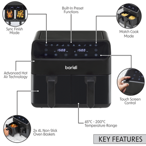 Baridi DH172 Dual Zone Air Fryer 8L with 8-in-1 Functions Touch Controls, Easy-Clean, Black - DH172 - additional view 3