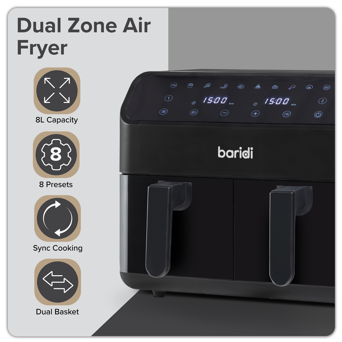 Baridi DH172 Dual Zone Air Fryer 8L with 8-in-1 Functions Touch Controls, Easy-Clean, Black - DH172 - additional view 15