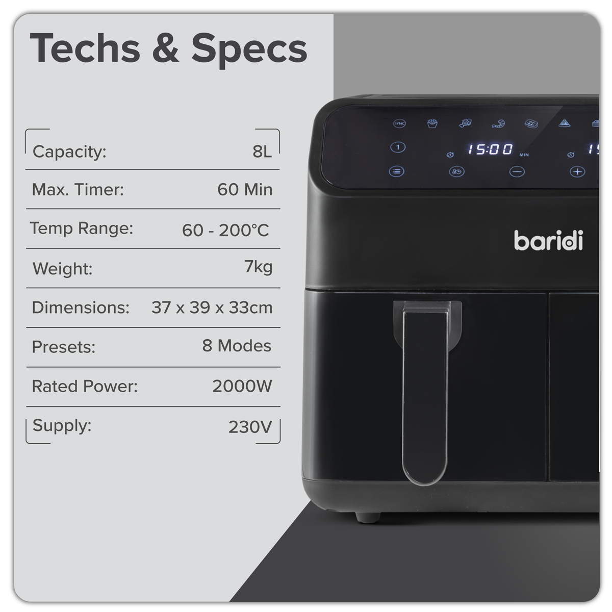 Baridi DH172 Dual Zone Air Fryer 8L with 8-in-1 Functions Touch Controls, Easy-Clean, Black - DH172 - additional view 20