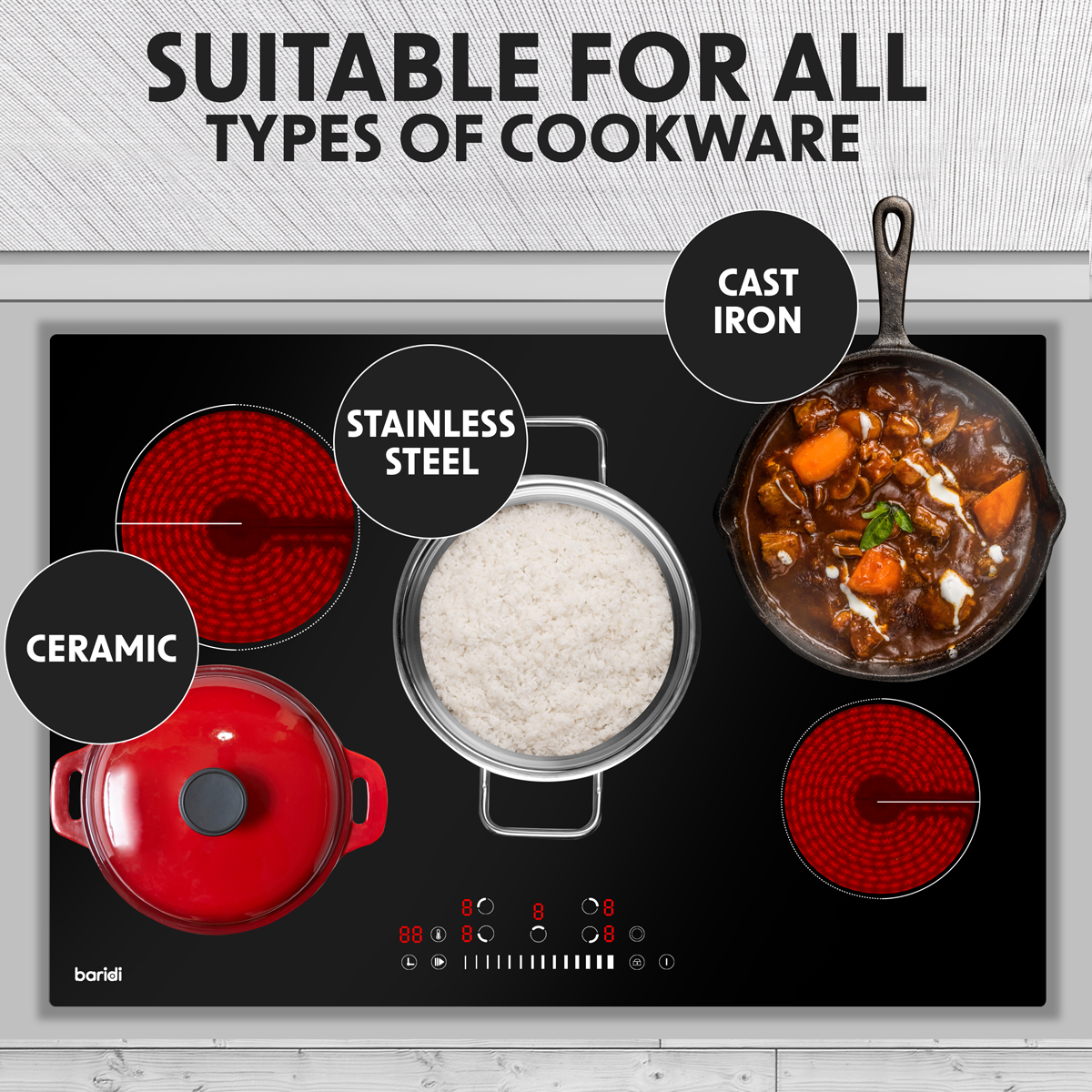 Baridi DH175 Integrated Ceramic Hob with 5 Cooking Zones 77cm - Black Glass - additional view 8