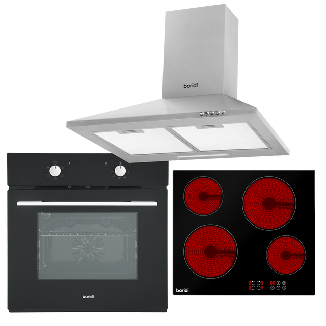 Baridi DH185 Integrated Ceramic Hob with 4 Cooking Zones, Integrated Fan-Assisted Electric Oven & Cooker Hood with Carbon