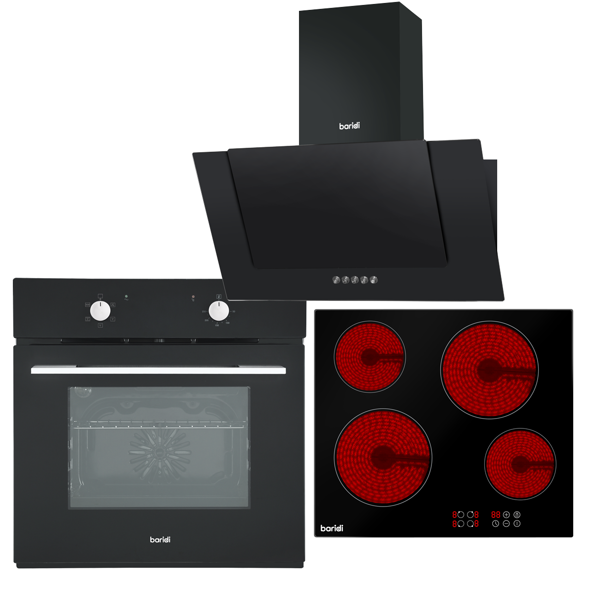 Baridi DH186 Integrated Ceramic Hob with 4 Cooking Zones, Integrated Fan-Assisted Electric Oven & Angled Chimney Cooker Hood