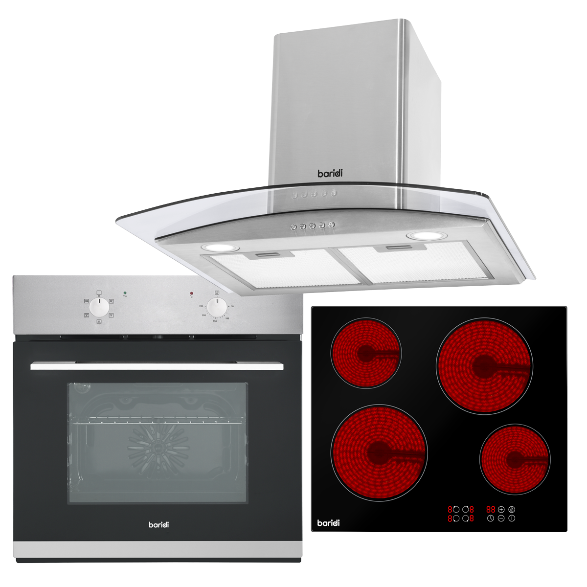 Baridi DH187 Integrated Ceramic Hob with 4 Cooking Zones, Integrated Fan-Assisted Electric Oven & Curved Glass Cooker Hood