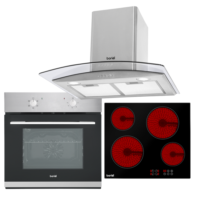 Baridi DH187 Integrated Ceramic Hob with 4 Cooking Zones, Integrated Fan-Assisted Electric Oven & Curved Glass Cooker Hood