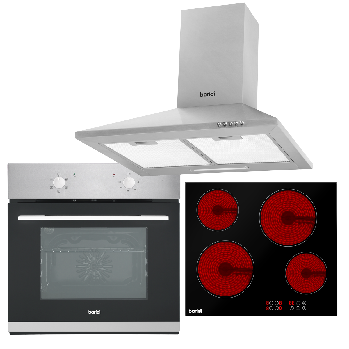 Baridi DH188 Integrated Ceramic Hob with 4 Cooking Zones, Integrated Fan-Assisted Electric Oven & Cooker Hood with Carbon