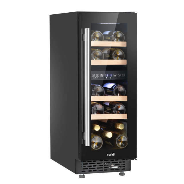 Baridi DH204 17 Bottle Dual Zone Slim Built-In 30cm Wine Cooler with Touch Screen Controls, Beech Wood Shelves & LED Light