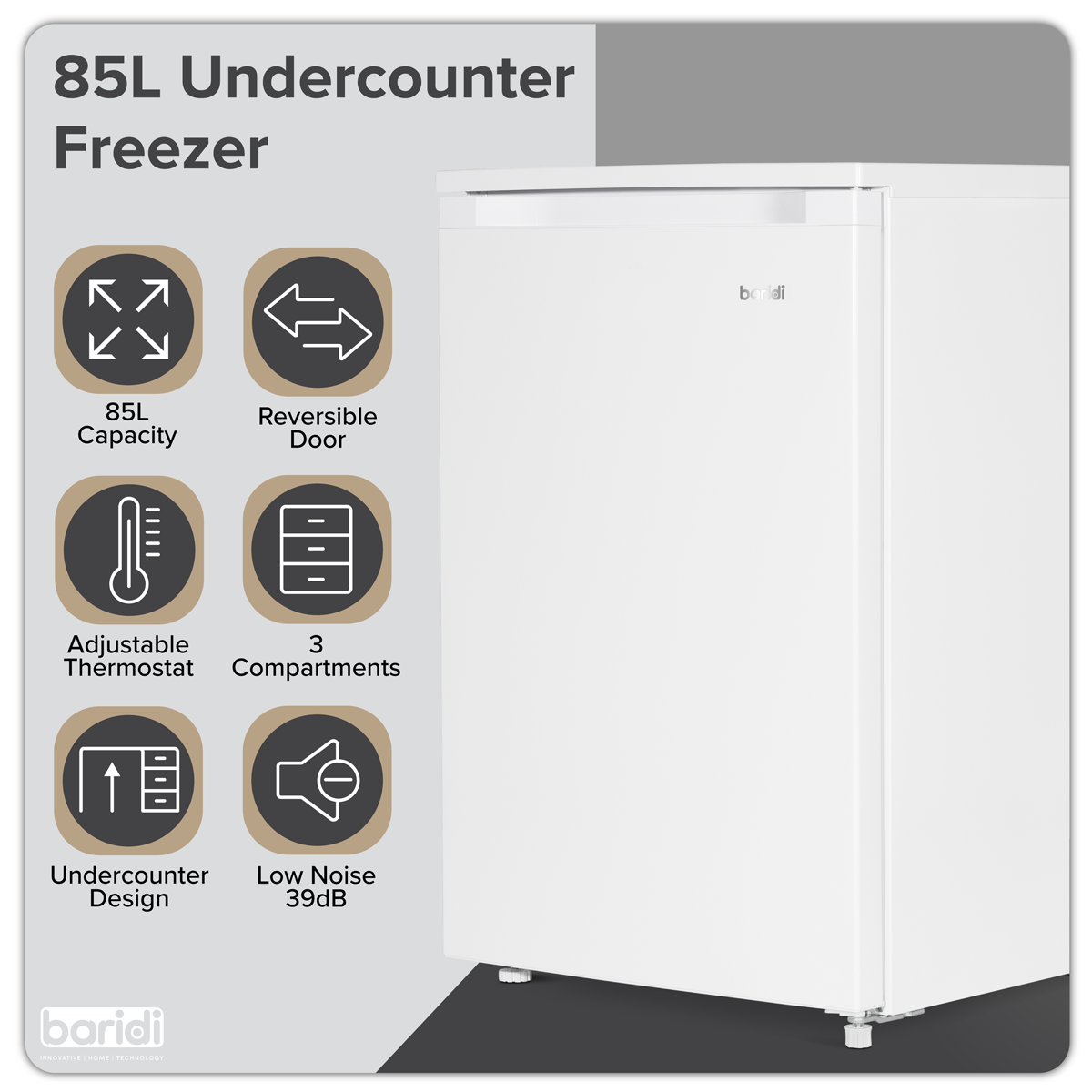 Baridi DH250 55cm Undercounter Freezer with Adjustable Thermostat 85L - White - additional view 9