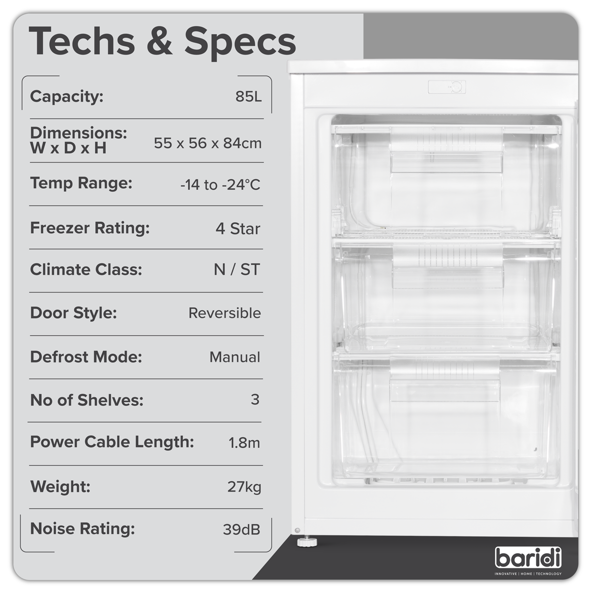 Baridi DH250 55cm Undercounter Freezer with Adjustable Thermostat 85L - White - additional view 10