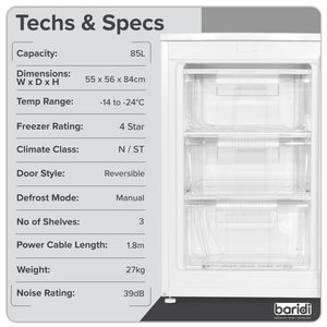 Baridi DH250 55cm Undercounter Freezer with Adjustable Thermostat 85L - White - additional view 10