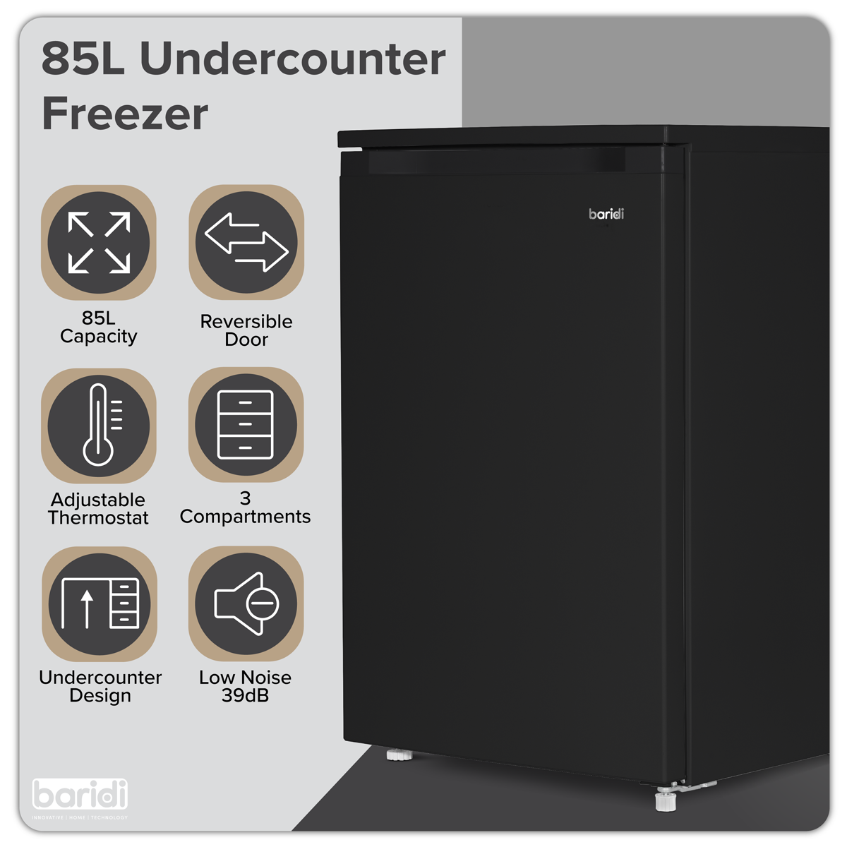 Baridi DH251 55cm Undercounter Freezer with Adjustable Thermostat, 85L - Black - additional view 5
