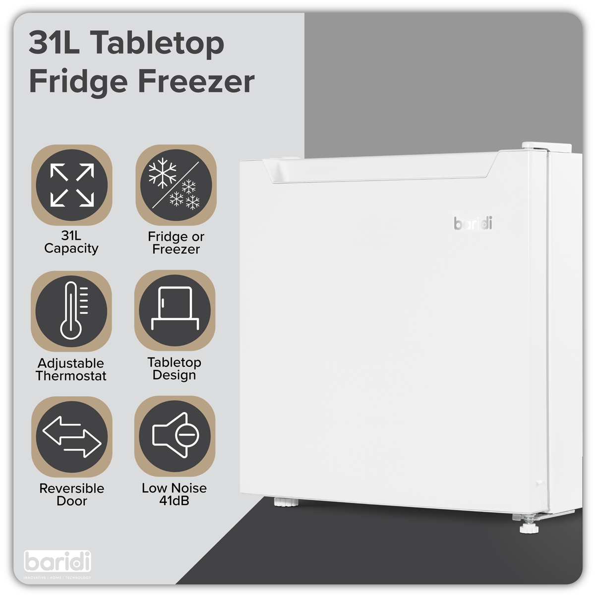Baridi DH254 Mini Tabletop Fridge/Freezer, 31L Capacity - White - additional view 8