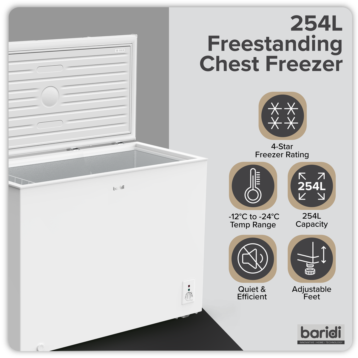 Baridi DH258 Freestanding Chest Freezer 254L Capacity - White - additional view 10