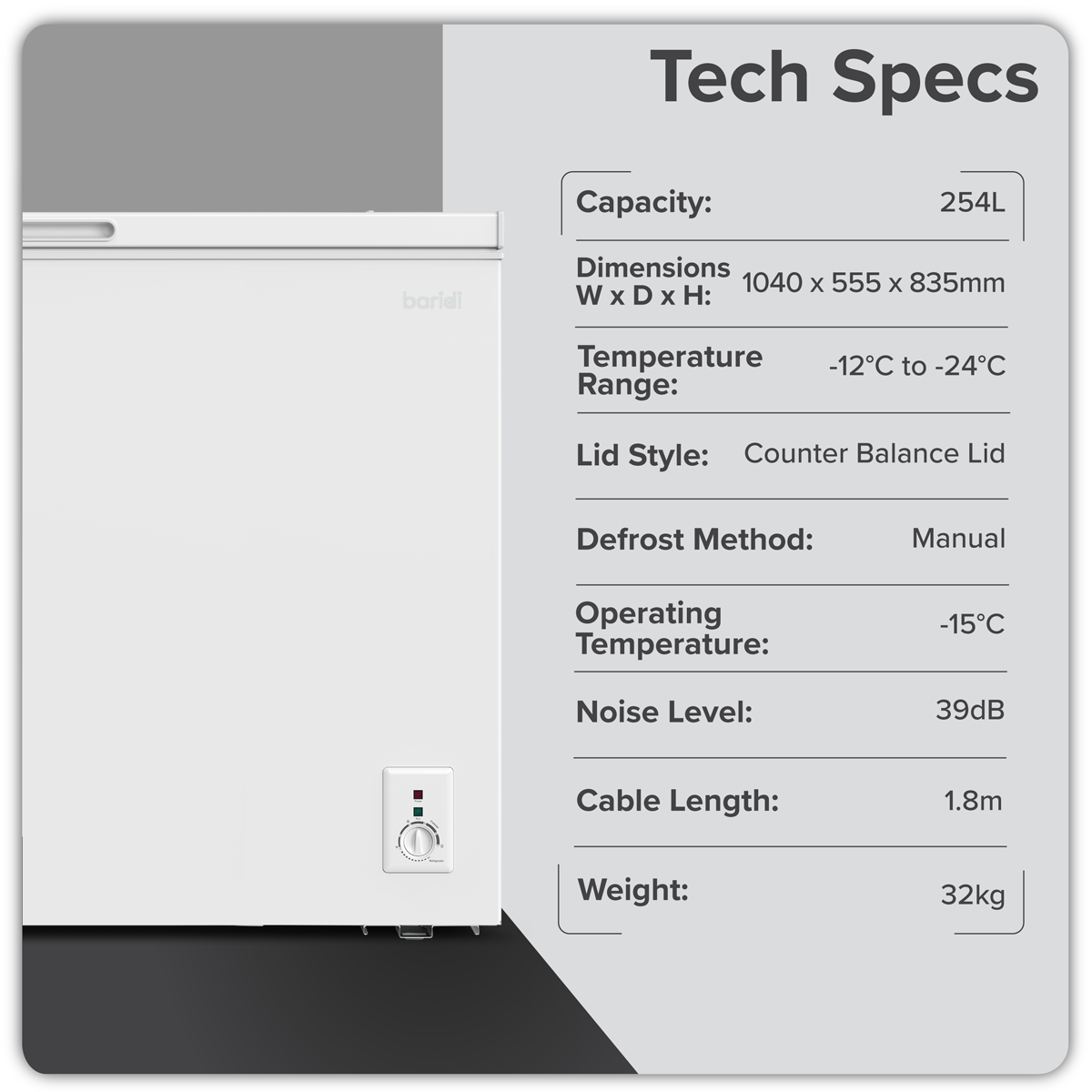 Baridi DH258 Freestanding Chest Freezer 254L Capacity - White - additional view 12