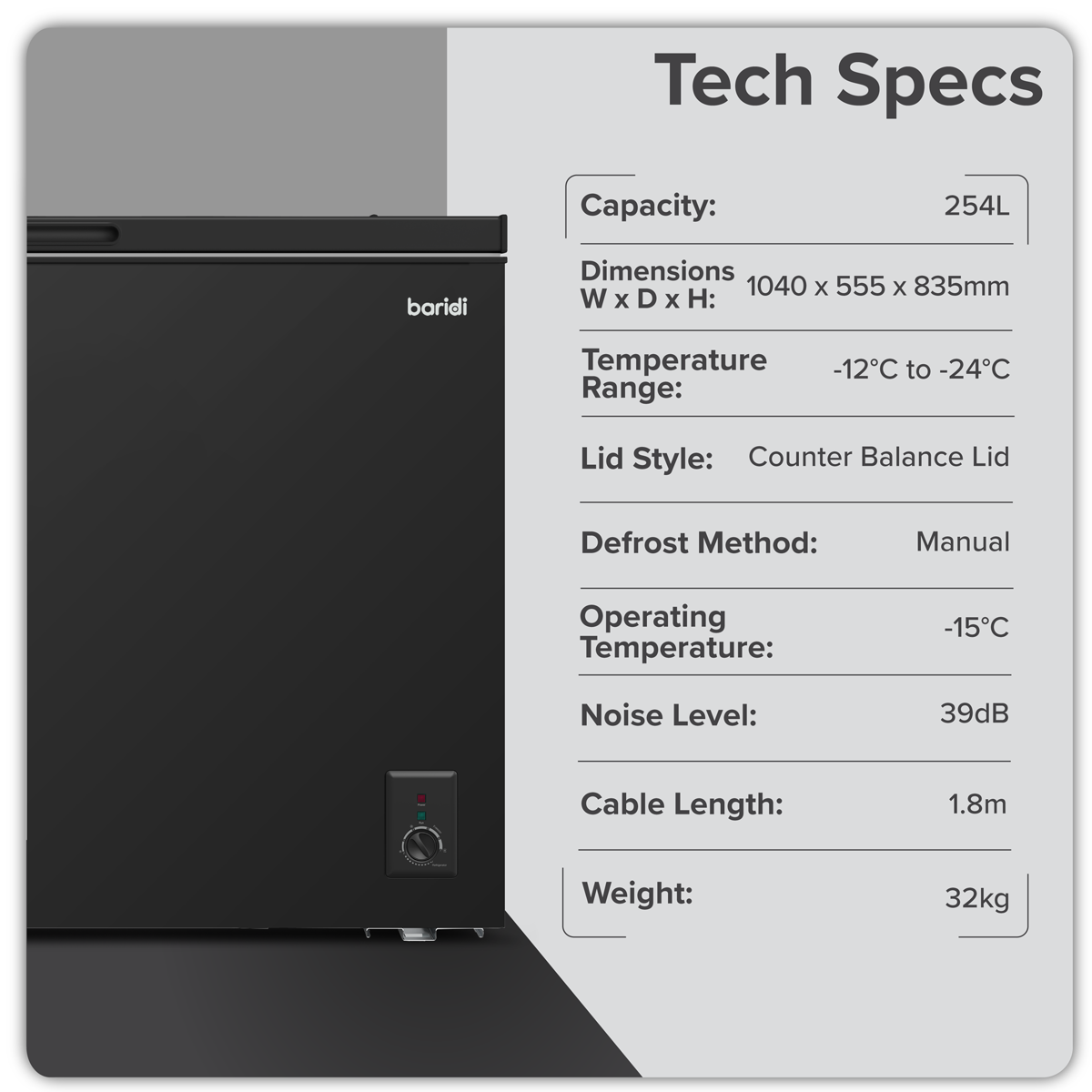 Baridi DH259 Freestanding Chest Freezer 254L Capacity - Black - additional view 5